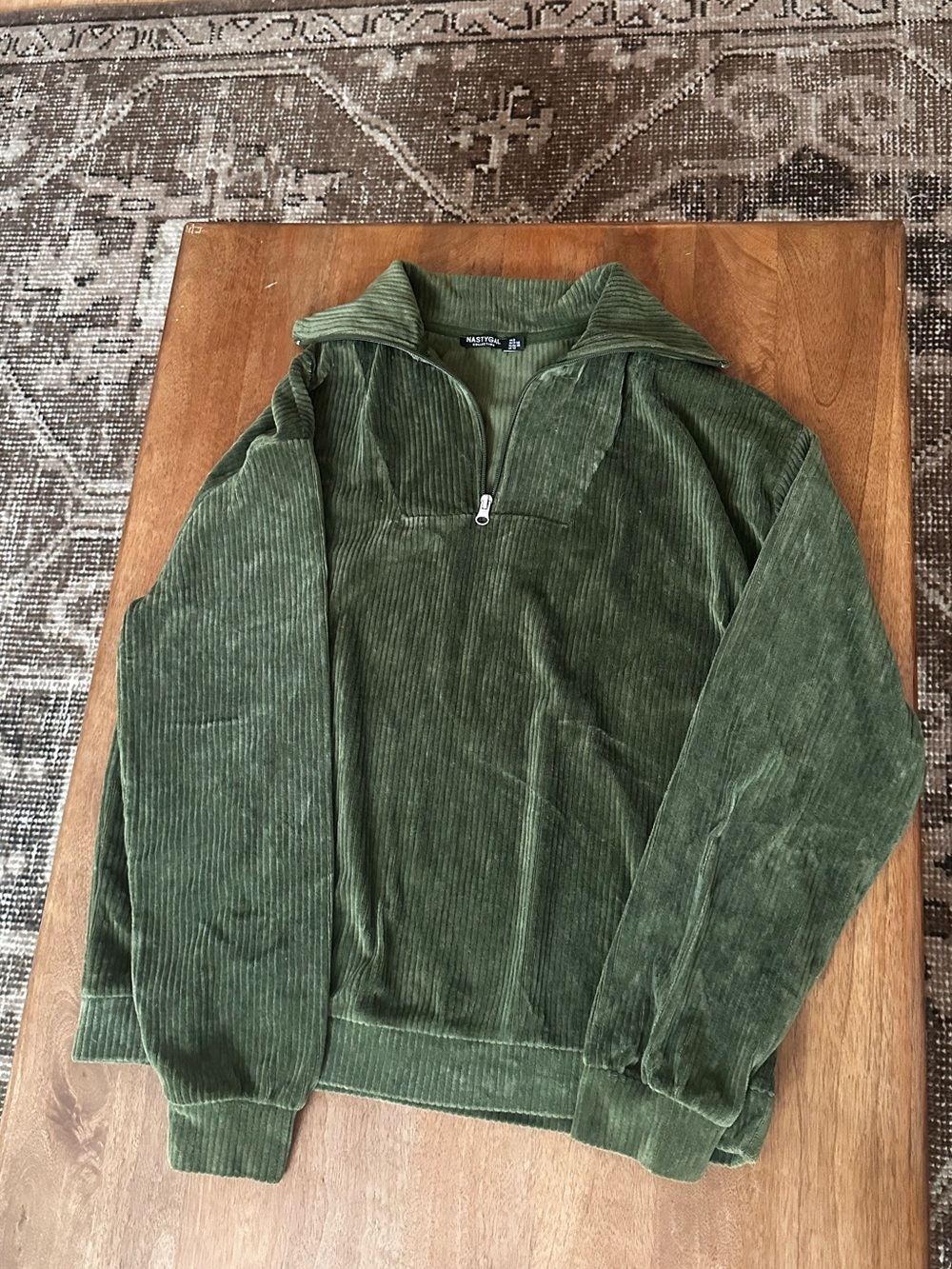 NASTY GAL Olive Green Corded Half-Zip Pullover Sweater